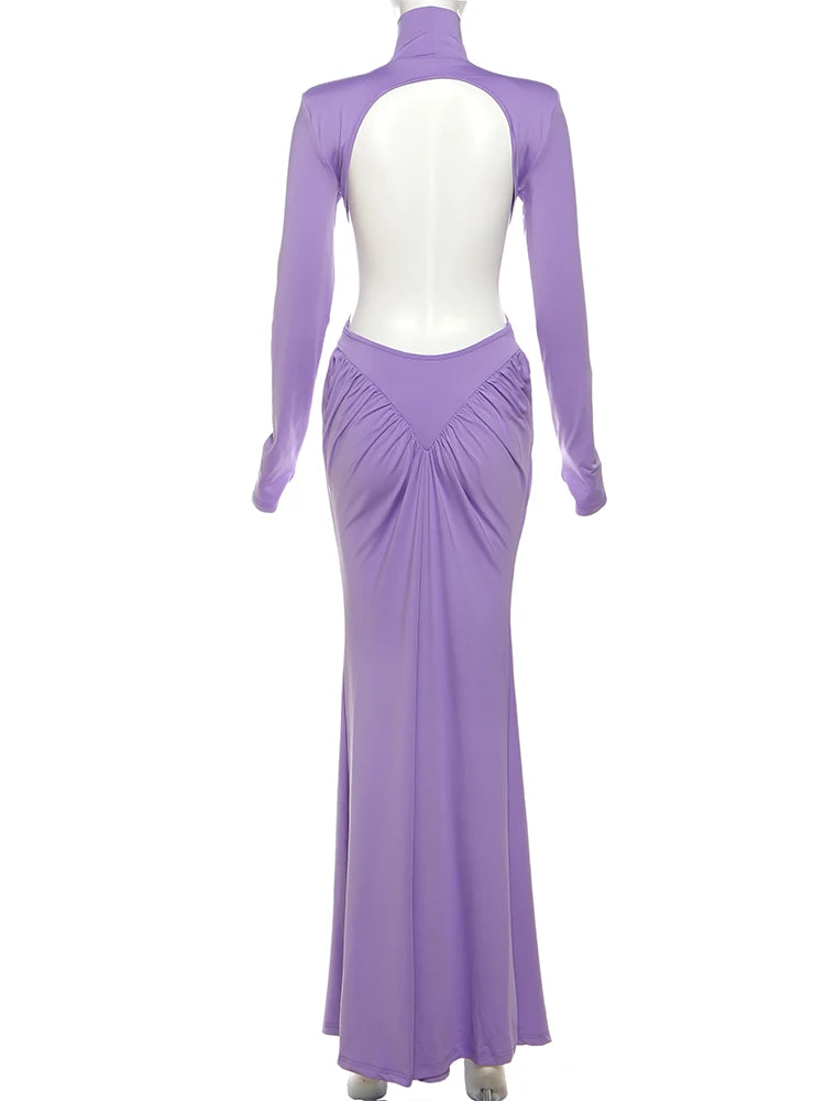 Weird Puss Backless Maxi Dress Women Long Sleeve Shoulder Pads Waistless Peach Buttocks Ruched Elegant Banquet Skinny Vestidos