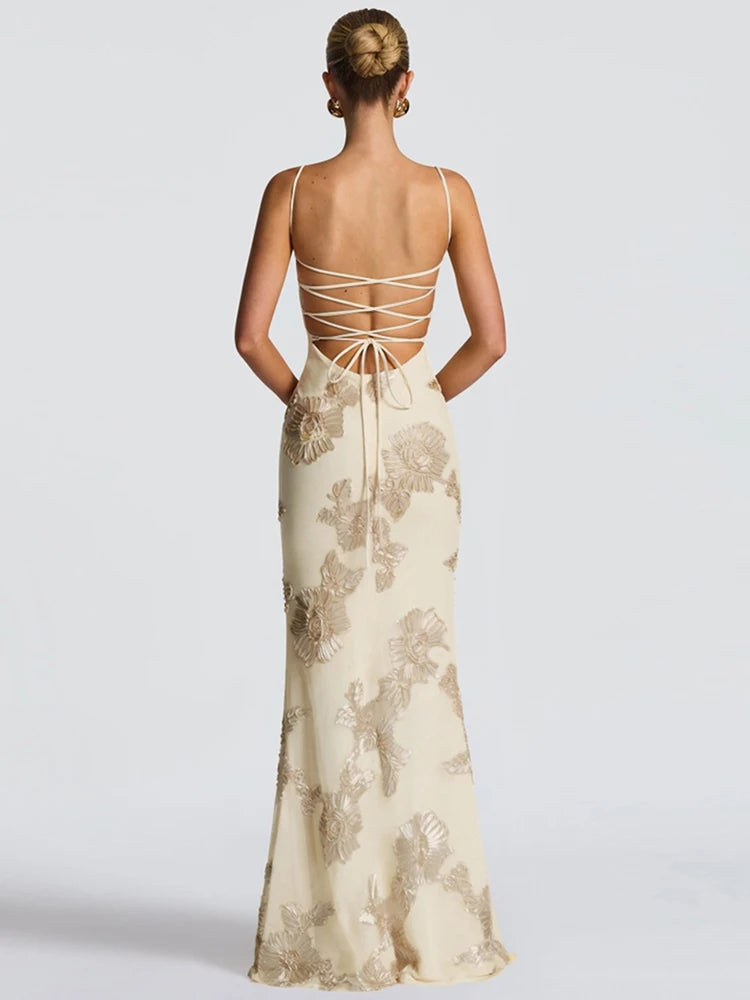 Weird Puss Flower Embroidery Maxi Dress Women Low-Neck Cross Bandage Backless Summer Street New Trend Skinny Elegant Vestidos
