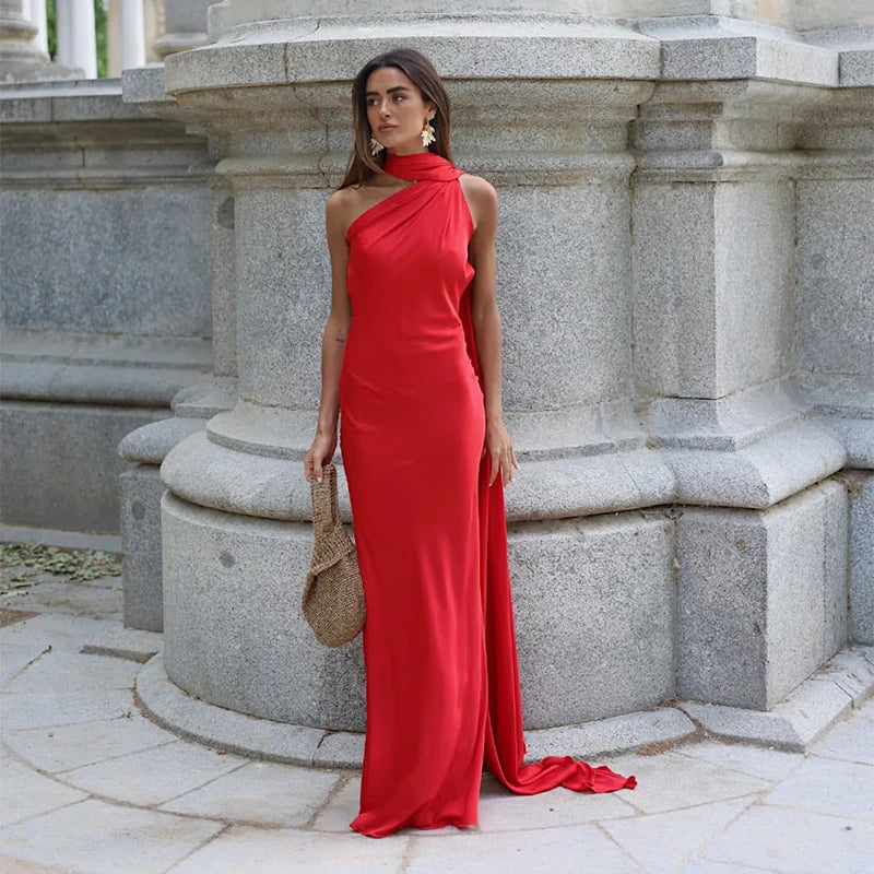 Satin Ribbon Halter Long Dresses Women's Backless Casual Maxi Dress Evening Wedding Guest White Blue Green Summer Graduation New