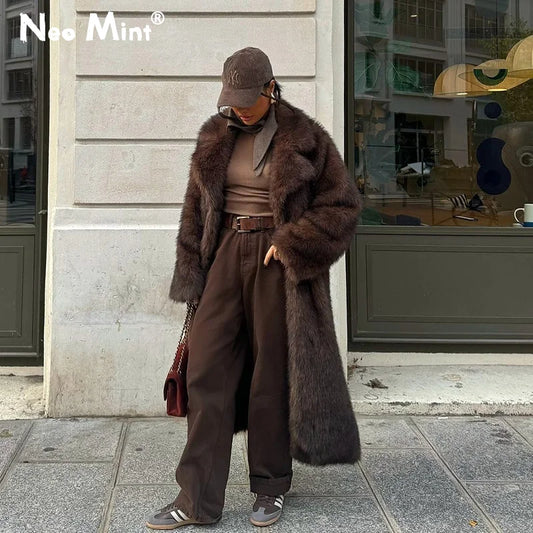 Neo Mint Vintage Luxury Long Faux Fox Fur Coat Women 2024 Winter Warm Fluffy Fur Jacket Female Street Furry Outerwear Overcoat
