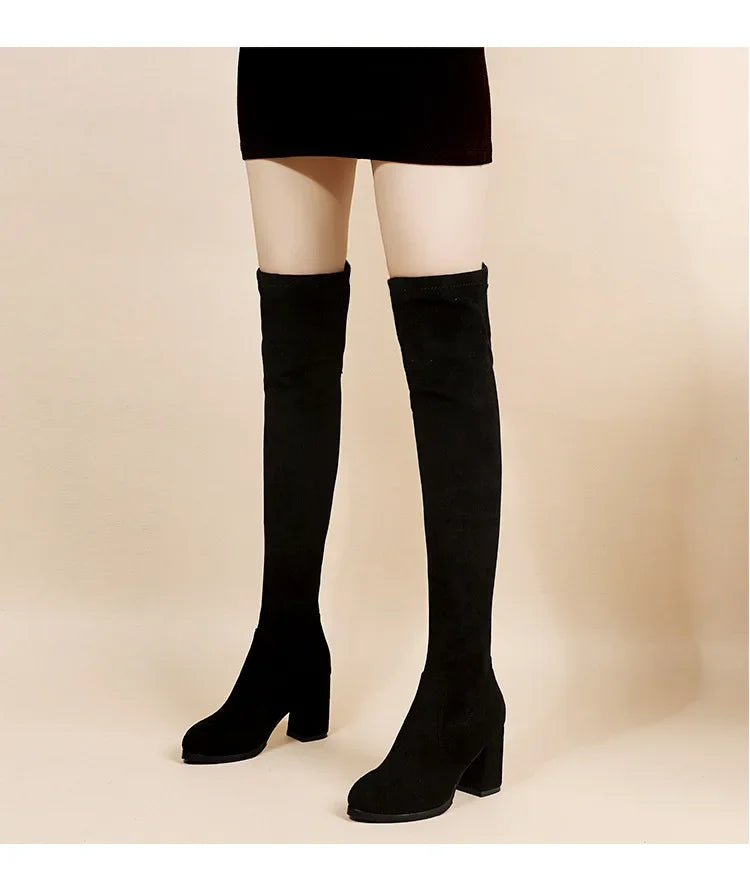 Faux Suede Female Heels Autumn Zipper Elastic Knee-high Boots for Women Tube Lace-up Thigh Gigh Boots Black Botas Mujer