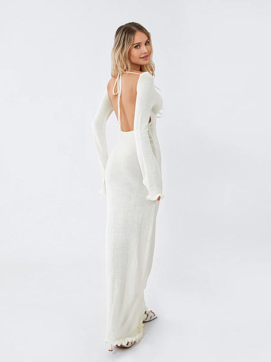 Women Long Sleeve Tie Backless Round Neck Ruffle Trim Long Dress Autumn Winter Knit Solid Color Bodycon Dress Beige/Grey/White