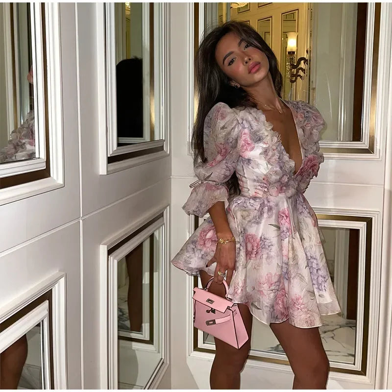 Chic V Neck Printed Flare Sleeve Mini Dress Elegant Pleated Hollow Out A-line Gown 2026 New Female Holiday Dinner Party Vestido