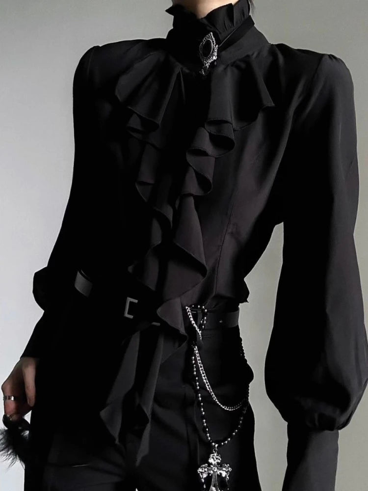 Deeptown White Ruffles Elegant Vintage Women Blouses Black Y2k Victorian Gothic Long Sleeve Stand Collar Shirts Loose Preppy