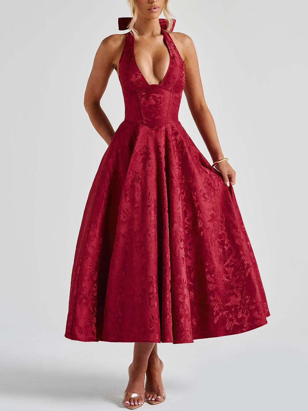 Elegant Pink Halter Jacquard Bow Long Dress Women's Corset Backless High Waist Yellow Dresses Summer Evening Party Wedding Guest