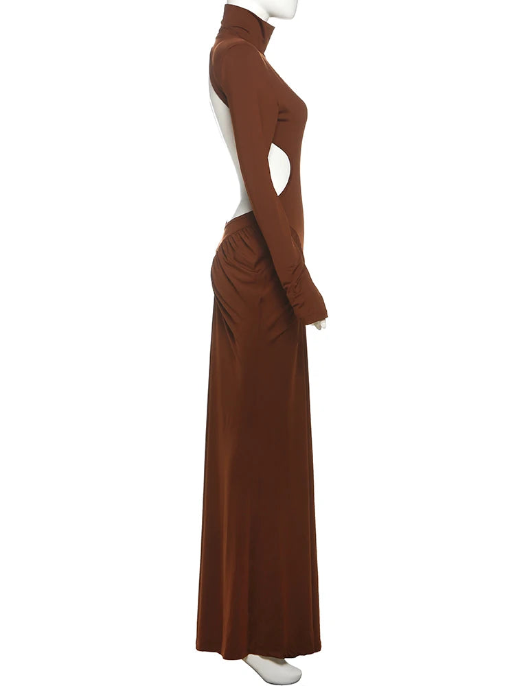 Weird Puss Backless Maxi Dress Women Long Sleeve Shoulder Pads Waistless Peach Buttocks Ruched Elegant Banquet Skinny Vestidos