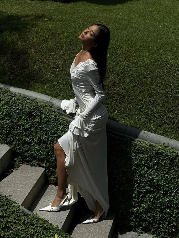 Slim Draped Ruched Hollow Out Maxi Dresses for Women Patchwork Lace V Neck Long Sleeve Long Dress Female Party Club Evening Robe