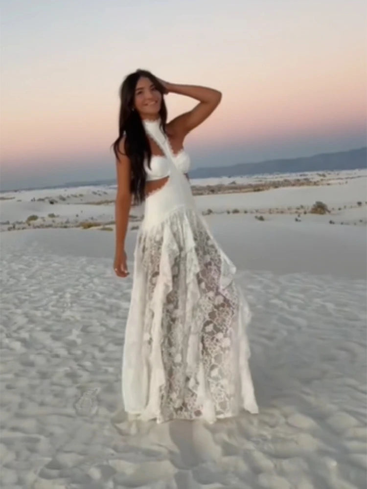 Sexy Lace Patchwork Dress Women Hollow Out Sleeveless Party Club Long Skirt See Through Halter Evening Gown Vacation Lady Robes