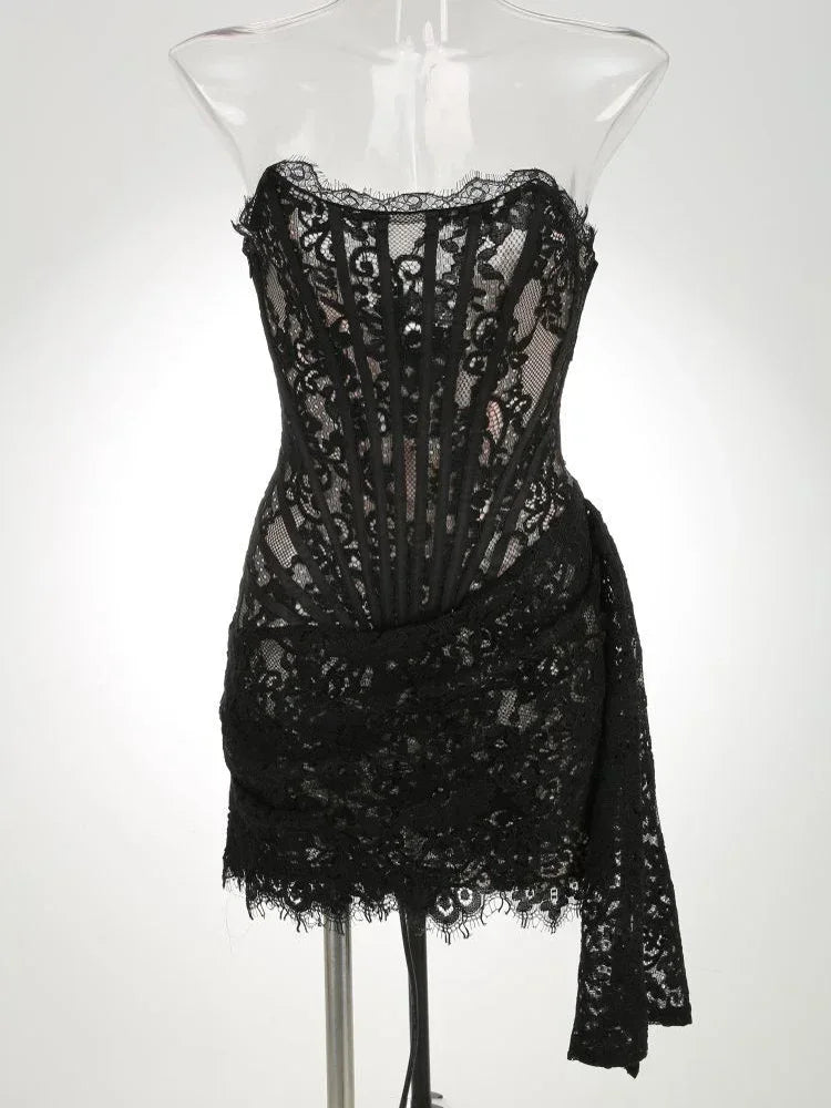 TARUXY Sexy Lace See-through Patchwork Corset Dress Female Bodycon Elegant Party MIrrgualr Mini Dress Women Tube Top Dress New