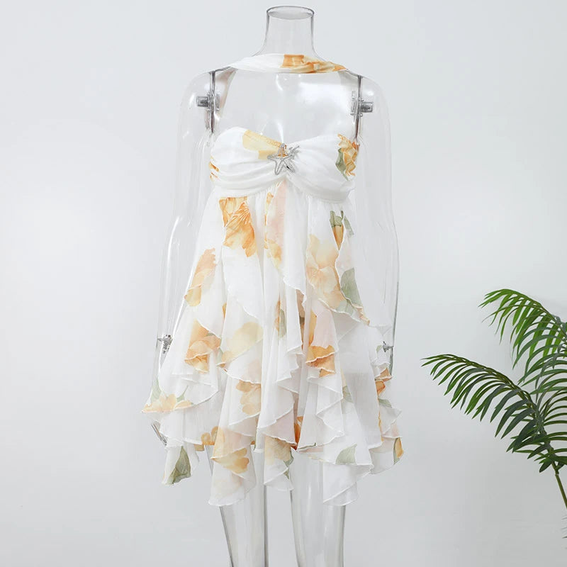 Floral Printd Lace Patchwork Sling Mini Dress Women Elegant Backless Sleeveless A Line Vestidos Chic Lady Holiday Street Wear