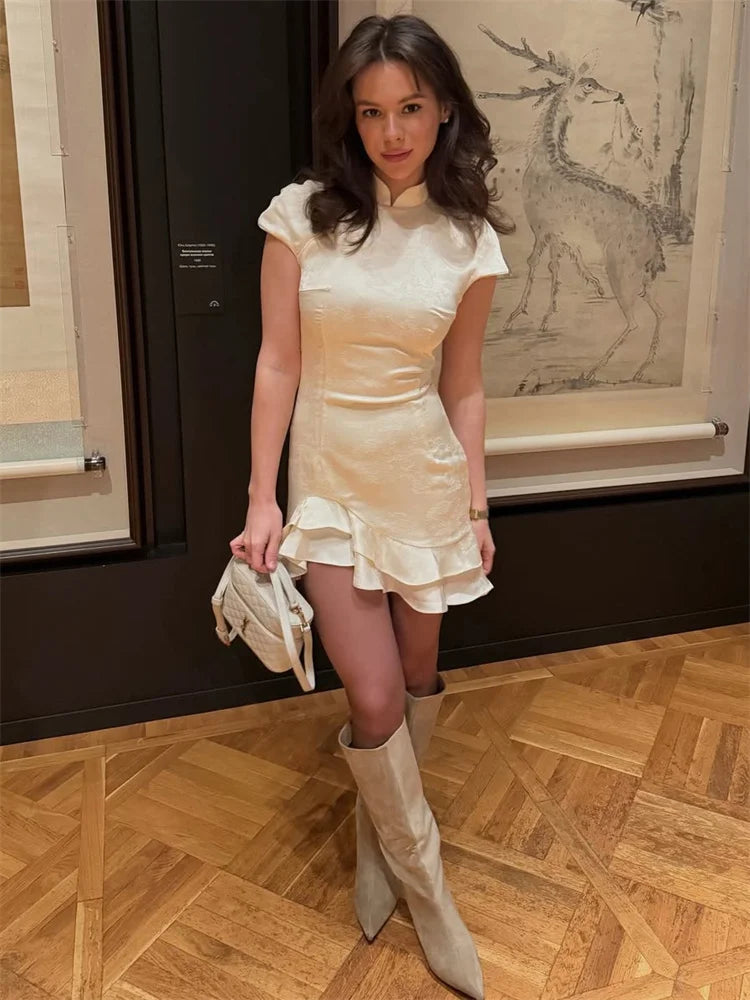 Tossy Fashion Ruffled Elegant Party Dress Women Short Sleeve Patchwork Slim Printed High Waist Dress Summer Female Mini Dress