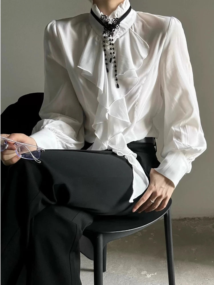 Deeptown White Ruffles Elegant Vintage Women Blouses Black Y2k Victorian Gothic Long Sleeve Stand Collar Shirts Loose Preppy