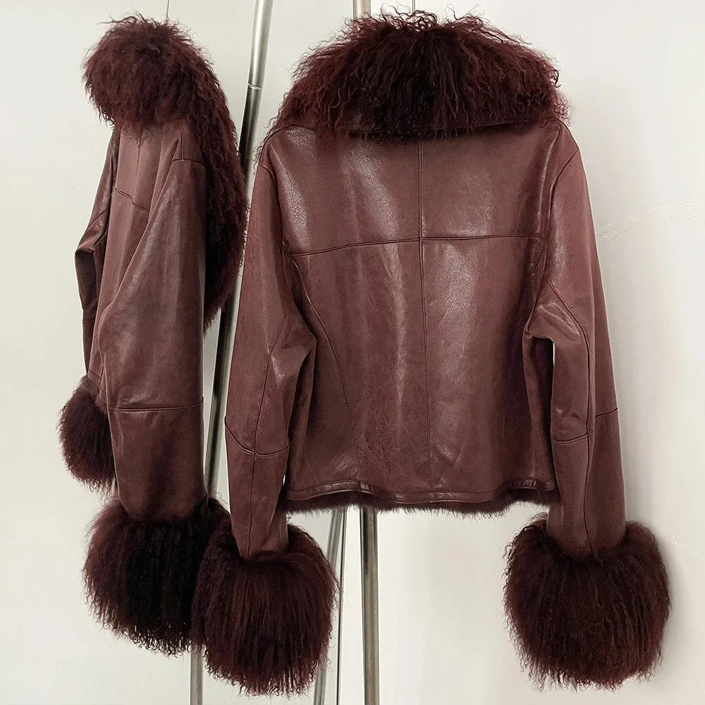Real Mongolian Sheep Fur Coat 2025 Autumn Winter Suede Women with Long Sleeve New Arrival Winter Rabbit Fur Lining Fur Jacket