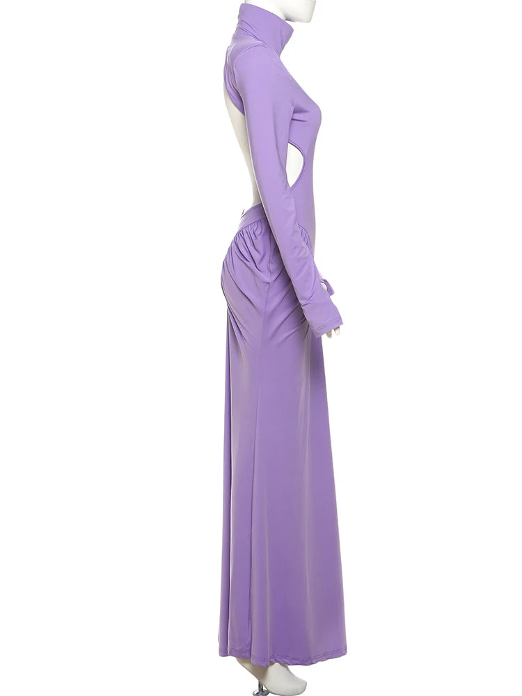 Weird Puss Backless Maxi Dress Women Long Sleeve Shoulder Pads Waistless Peach Buttocks Ruched Elegant Banquet Skinny Vestidos