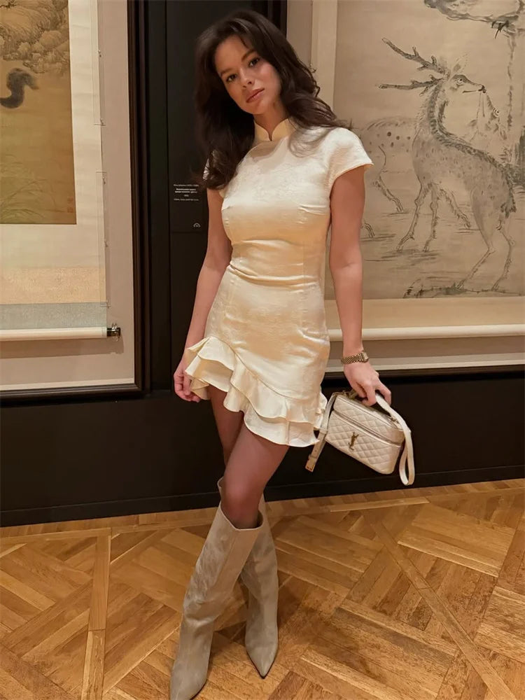 Tossy Fashion Ruffled Elegant Party Dress Women Short Sleeve Patchwork Slim Printed High Waist Dress Summer Female Mini Dress
