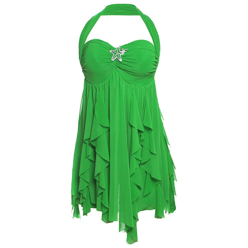 Floral Printd Lace Patchwork Sling Mini Dress Women Elegant Backless Sleeveless A Line Vestidos Chic Lady Holiday Street Wear