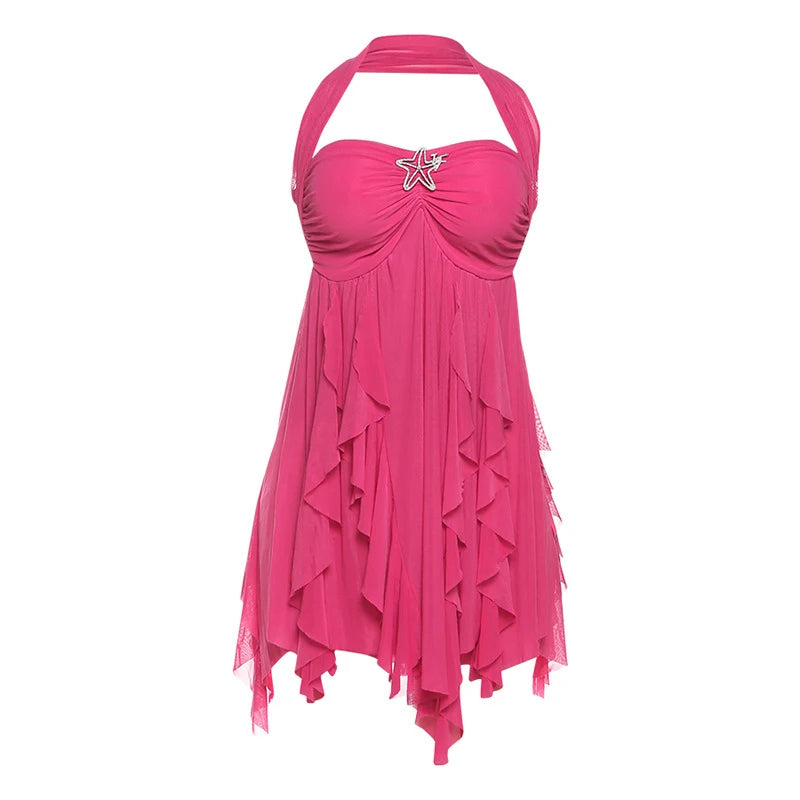 Floral Printd Lace Patchwork Sling Mini Dress Women Elegant Backless Sleeveless A Line Vestidos Chic Lady Holiday Street Wear