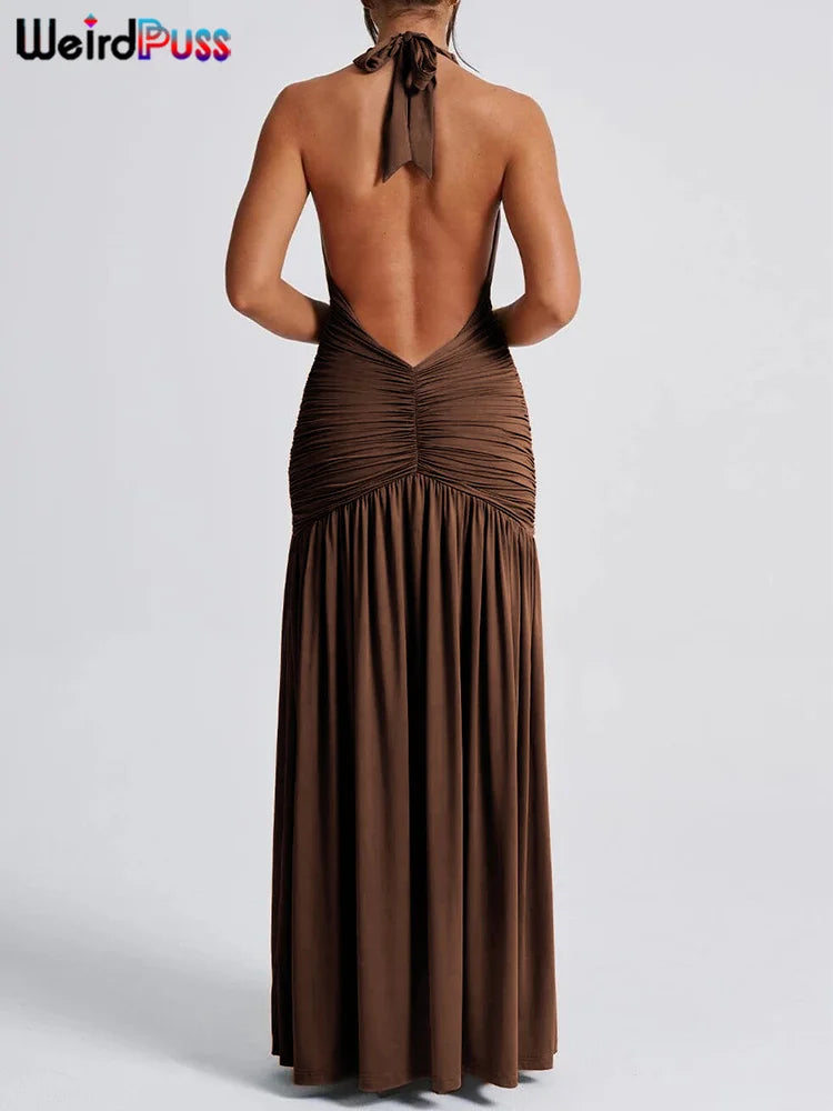 Weird Puss Deep V-Neck Halter Dress Woman Summer  Ruffles Splits Backless Elegant Patchwork Solid Party Coquette Sexy Vestidos