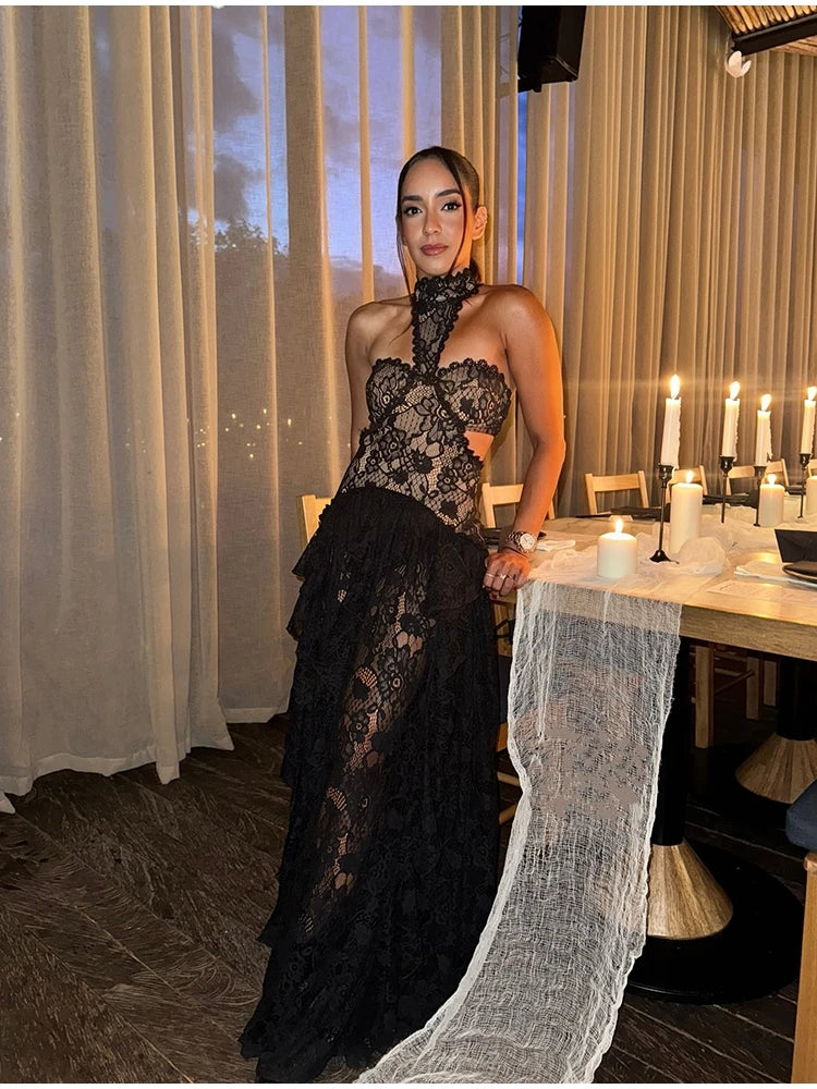Sexy Lace Patchwork Dress Women Hollow Out Sleeveless Party Club Long Skirt See Through Halter Evening Gown Vacation Lady Robes