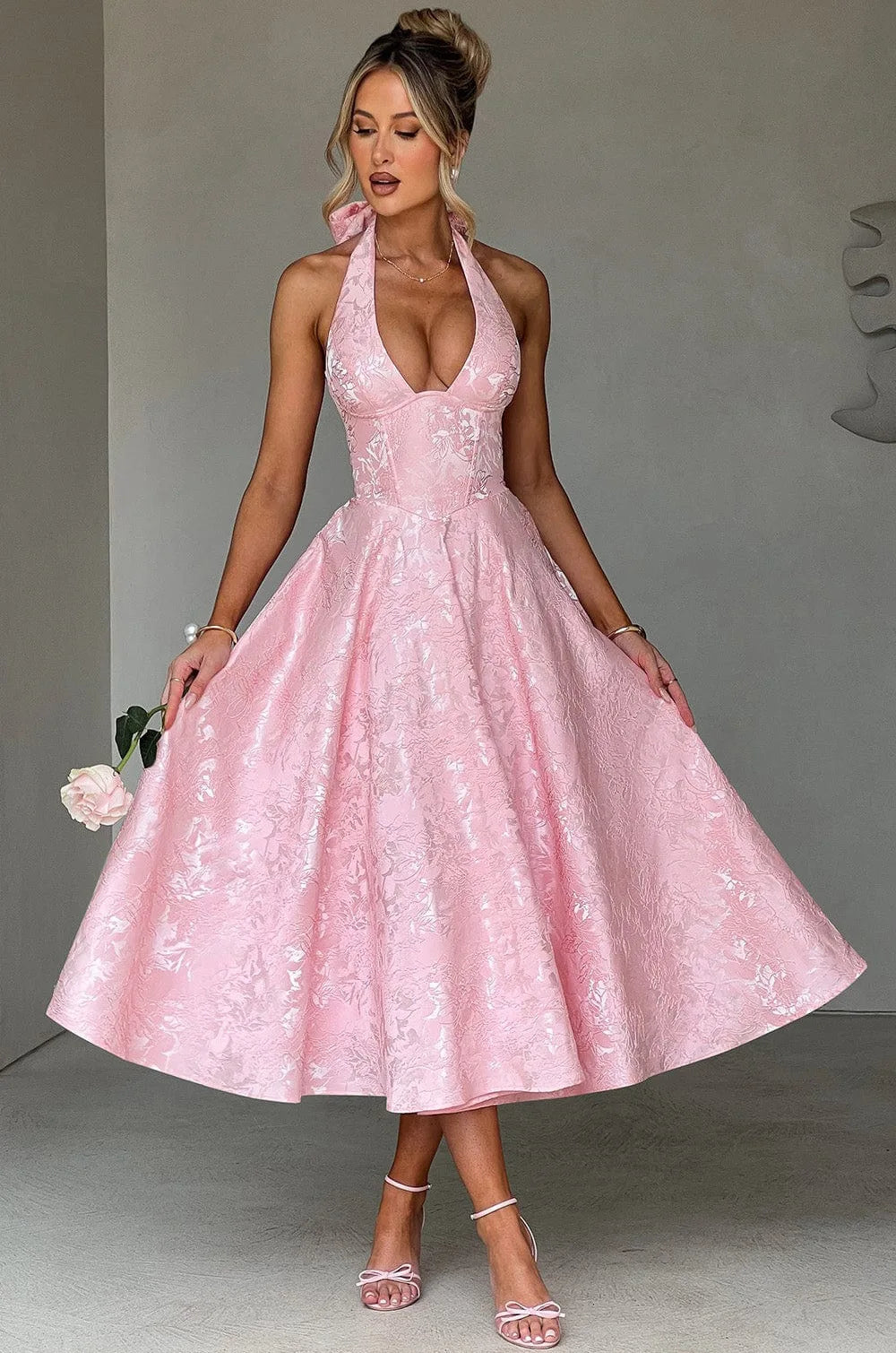 Elegant Pink Halter Jacquard Bow Long Dress Women's Corset Backless High Waist Yellow Dresses Summer Evening Party Wedding Guest