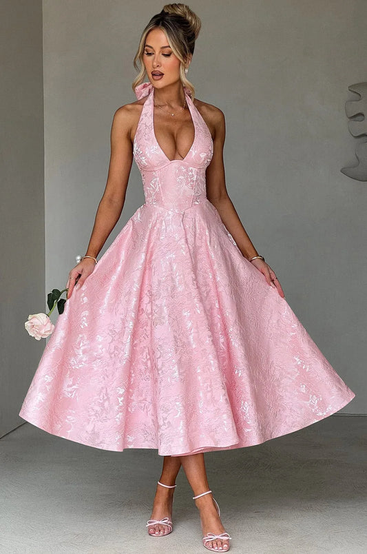 Elegant Pink Halter Jacquard Bow Long Dress Women's Corset Backless High Waist Yellow Dresses Summer Evening Party Wedding Guest