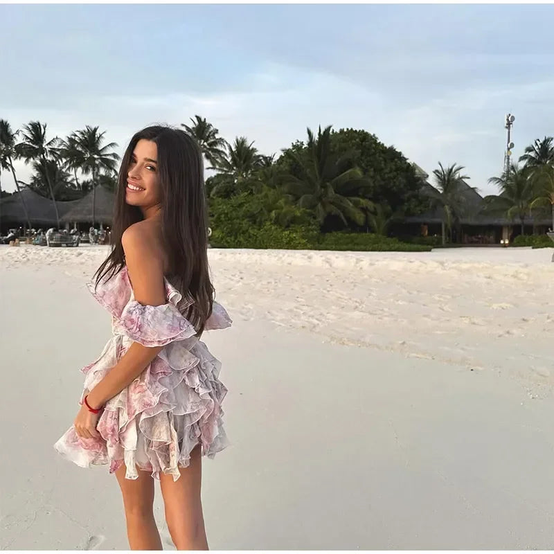 Chic V Neck Printed Flare Sleeve Mini Dress Elegant Pleated Hollow Out A-line Gown 2026 New Female Holiday Dinner Party Vestido