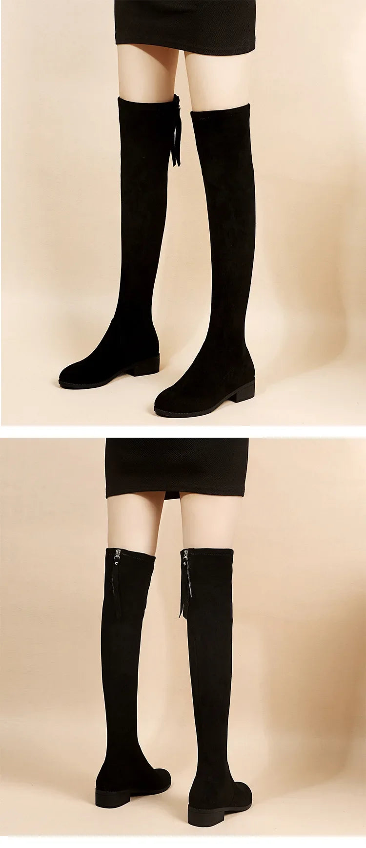 Faux Suede Female Heels Autumn Zipper Elastic Knee-high Boots for Women Tube Lace-up Thigh Gigh Boots Black Botas Mujer