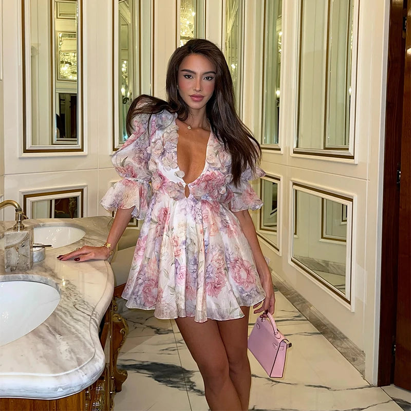 Floral Printd Lace Patchwork Sling Mini Dress Women Elegant Backless Sleeveless A Line Vestidos Chic Lady Holiday Street Wear