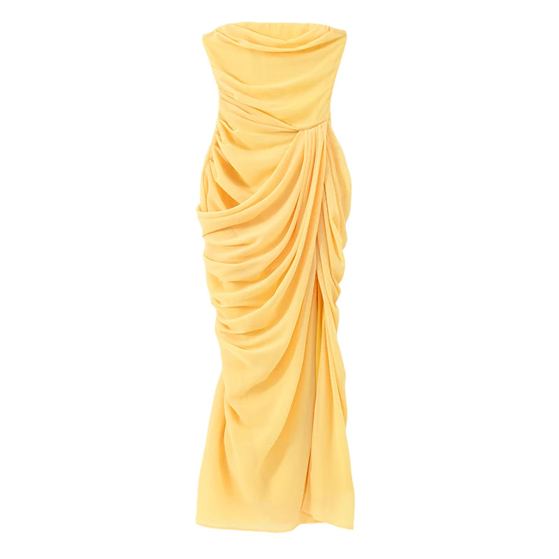 Women Sexy Solid Pleated Strapless Dress Lady Chic Off-shoulder Backless High Waist Split Dresses 2026 Summer Evening Party Gown