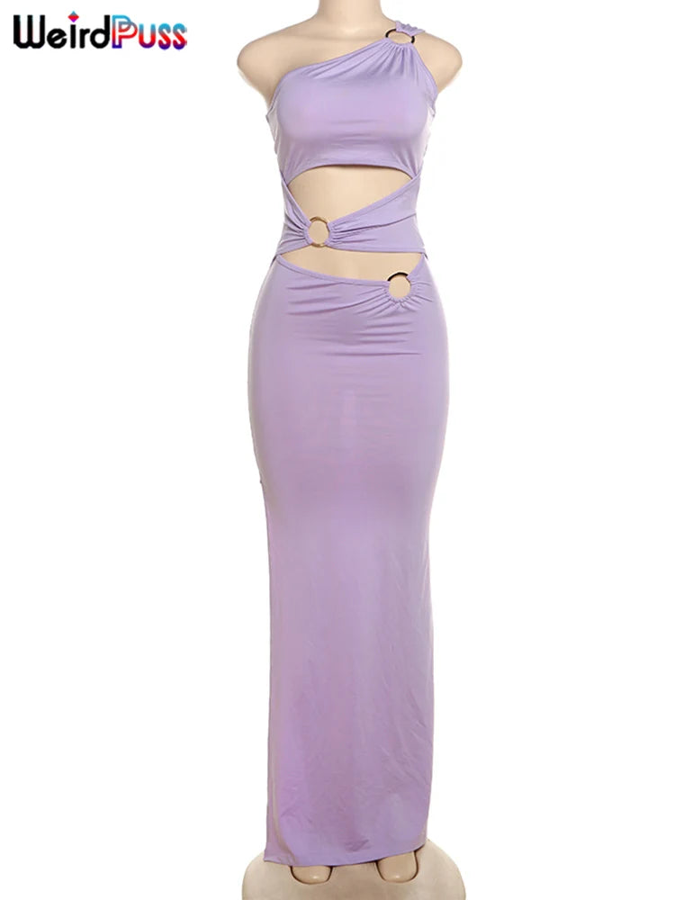 Weird Puss Irregular Hollow Dress Women Patchwork Rings Diagonal Collar Elegant Sleeveless Skinny Trend Stretch Long Bodycon