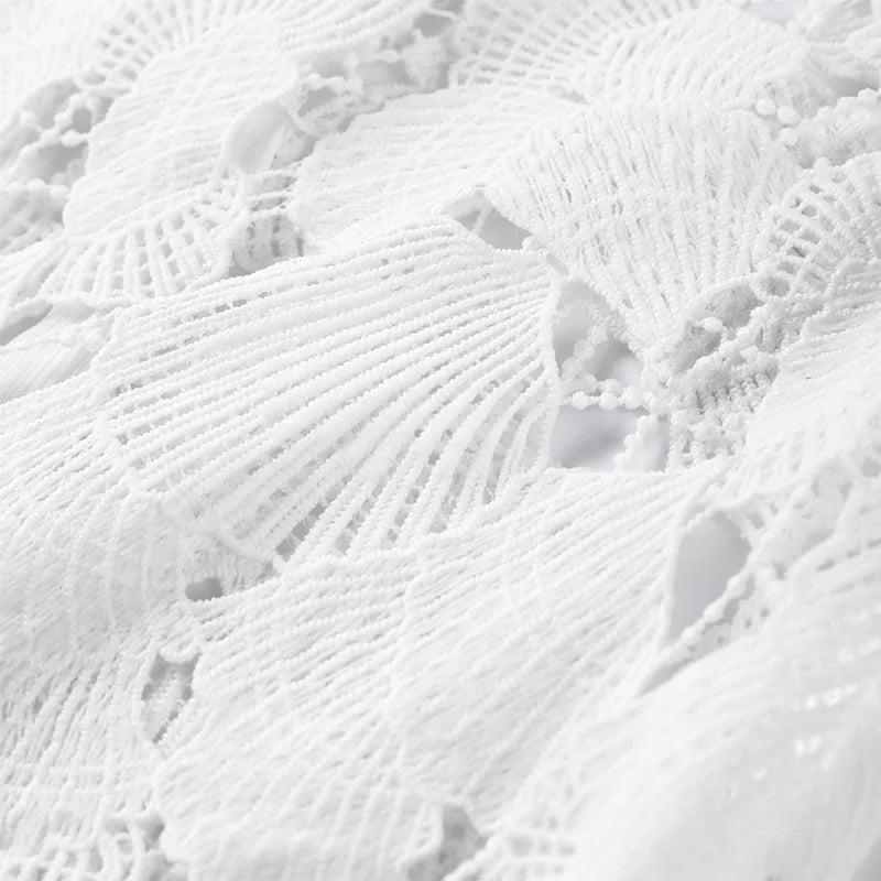 White Crochet Hollow-out Mini Dresses Women's Sexy IrregulaR Hem Stand Collar Full Sleeve Dress 2026 Spring New Lady Party Gowns