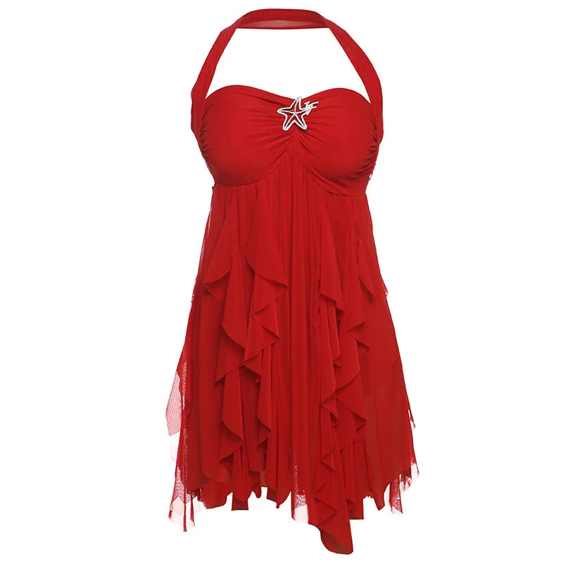 Floral Printd Lace Patchwork Sling Mini Dress Women Elegant Backless Sleeveless A Line Vestidos Chic Lady Holiday Street Wear