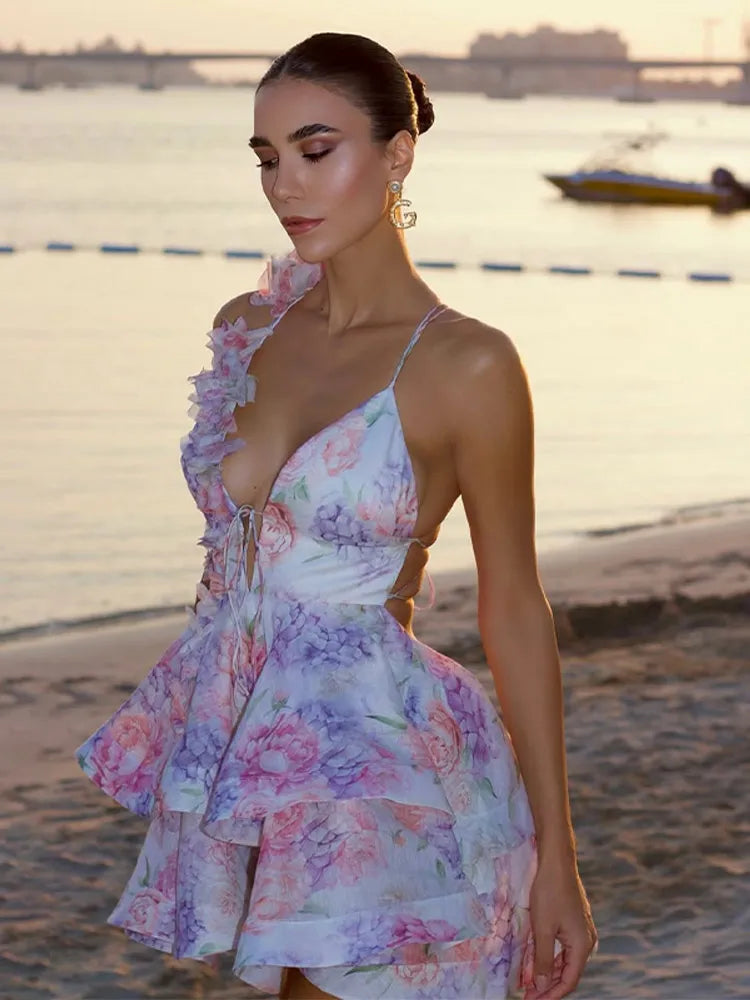 Floral Printd Lace Patchwork Sling Mini Dress Women Elegant Backless Sleeveless A Line Vestidos Chic Lady Holiday Street Wear
