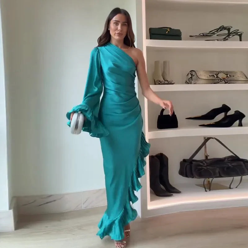 Blue Stain Evening Dresses for Women One Shoulder Long Sleeve Asymmetrical Ruffle Slim Long Dresses 2026 Spring New Party Gown