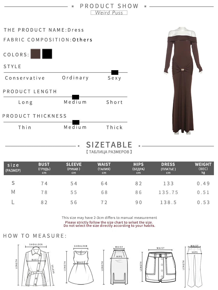 Weird Puss Elegant Party Dress Ruched Metal Buckle Ribbon Slash Neck Full Sleeve Skinny Stretch Birthday Party Slim Long Bodycon