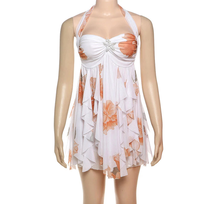 Floral Printd Lace Patchwork Sling Mini Dress Women Elegant Backless Sleeveless A Line Vestidos Chic Lady Holiday Street Wear