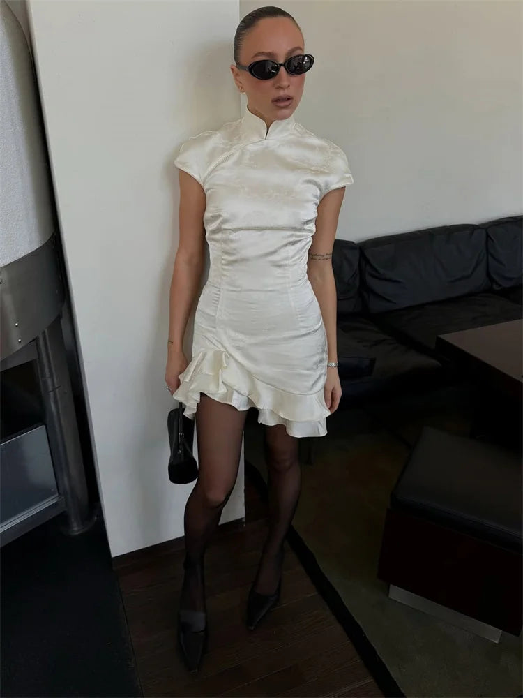 Tossy Fashion Ruffled Elegant Party Dress Women Short Sleeve Patchwork Slim Printed High Waist Dress Summer Female Mini Dress