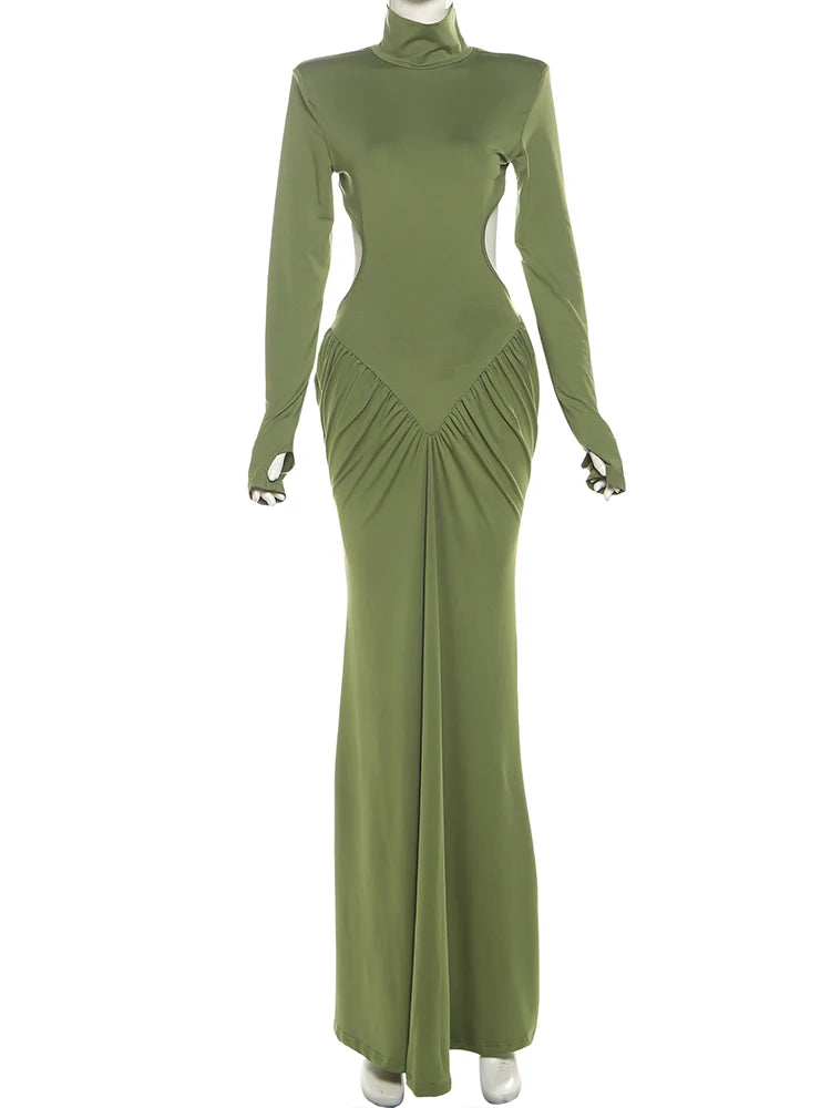 Weird Puss Backless Maxi Dress Women Long Sleeve Shoulder Pads Waistless Peach Buttocks Ruched Elegant Banquet Skinny Vestidos