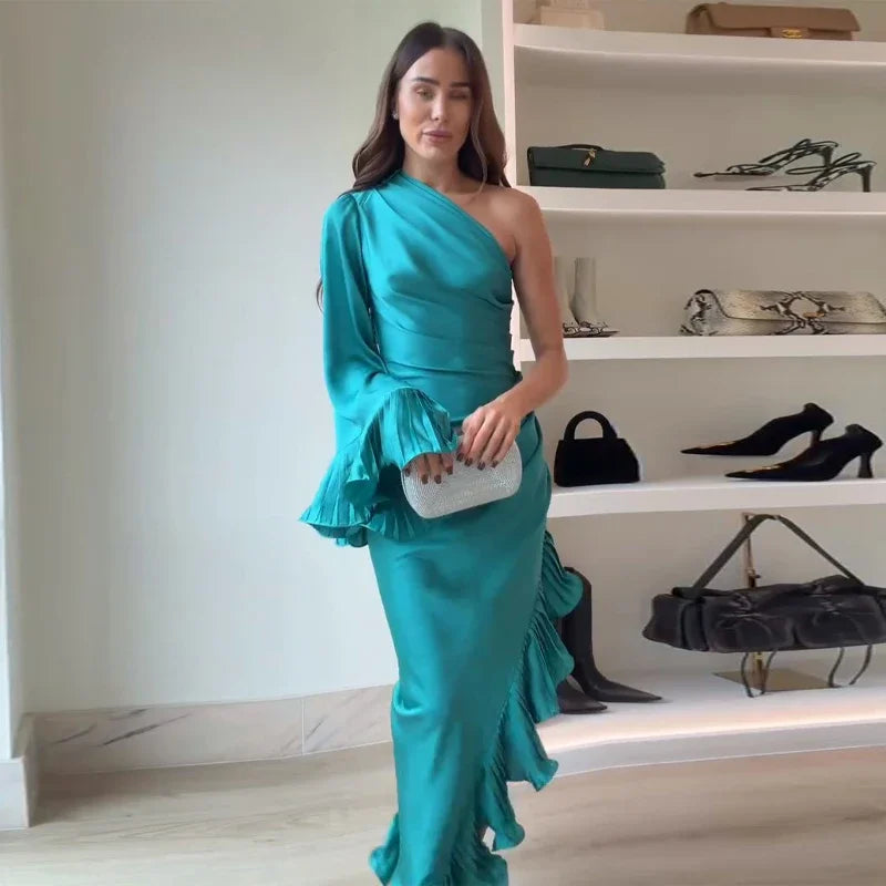 Blue Stain Evening Dresses for Women One Shoulder Long Sleeve Asymmetrical Ruffle Slim Long Dresses 2026 Spring New Party Gown