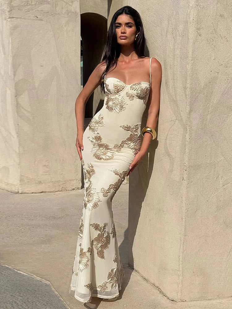 Weird Puss Flower Embroidery Maxi Dress Women Low-Neck Cross Bandage Backless Summer Street New Trend Skinny Elegant Vestidos