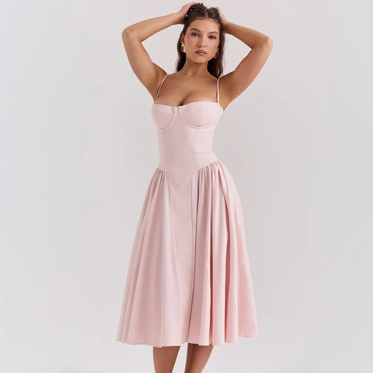 Summer Women Elegant Sleeveless Backless Pleated Dresses Lady Sexy Solid Sling Midi Dress 2024 Female Party Evening A-line Robes