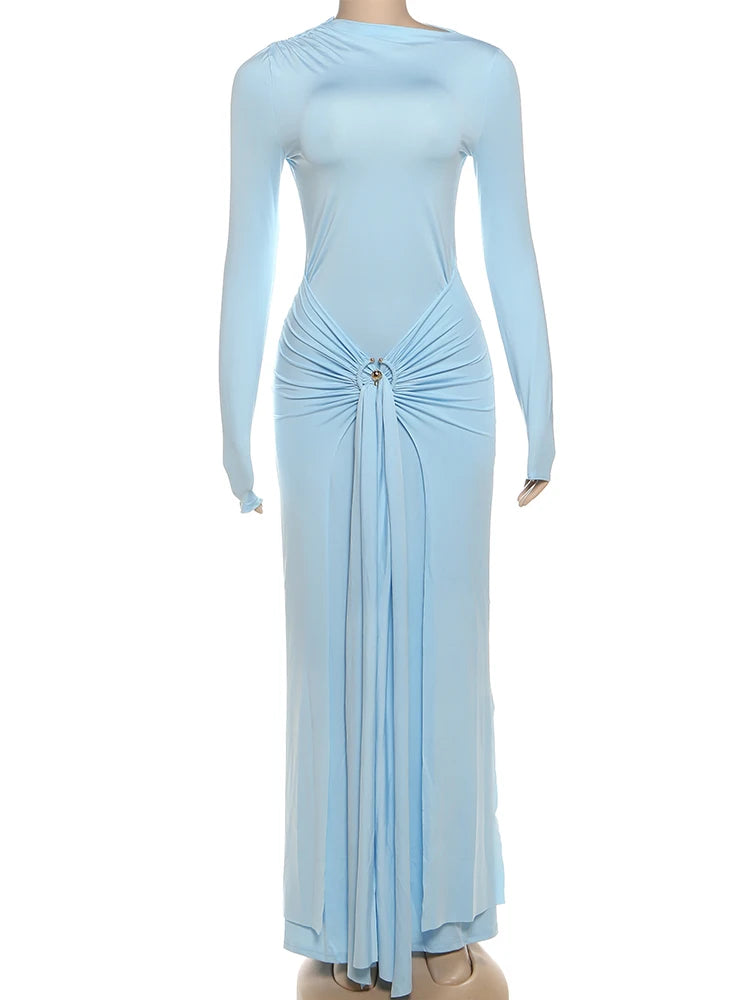 Weird Puss Ruched Elegant Maxi Dress Women Daily Casual Fashion Skinny Full Sleeve Solid Gown Midnight Prom Party Long Bodycon