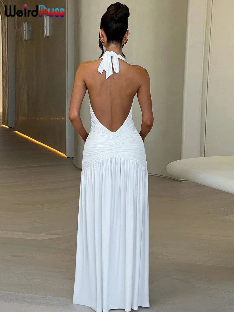 Weird Puss Deep V-Neck Halter Dress Woman Summer  Ruffles Splits Backless Elegant Patchwork Solid Party Coquette Sexy Vestidos