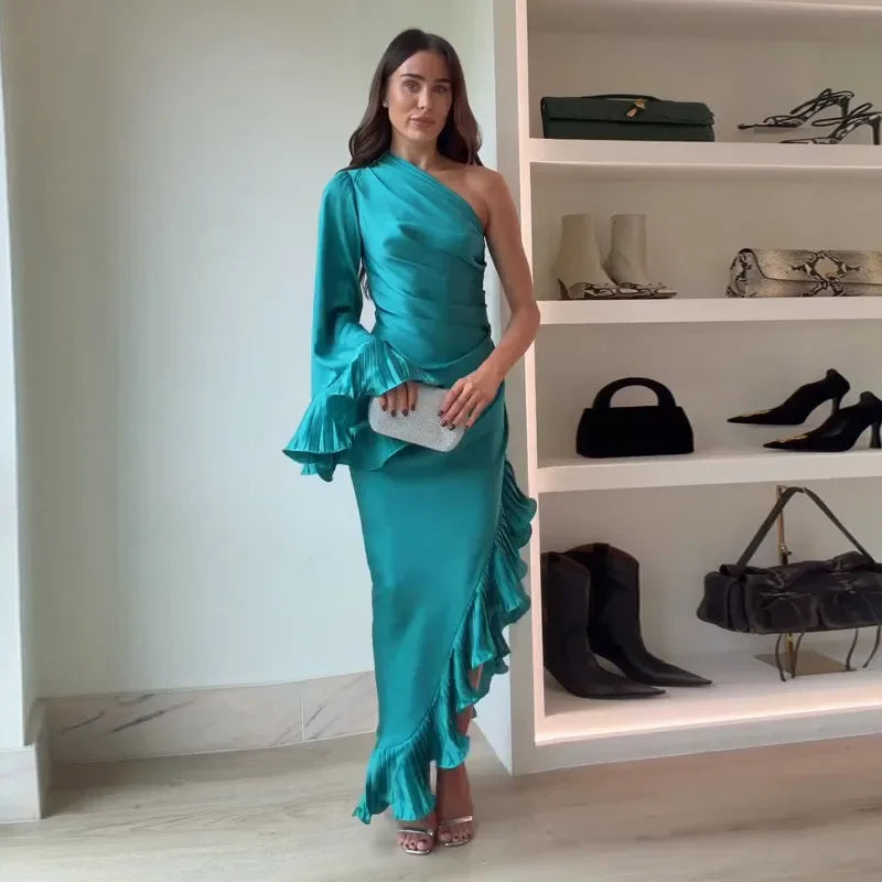 Blue Stain Evening Dresses for Women One Shoulder Long Sleeve Asymmetrical Ruffle Slim Long Dresses 2026 Spring New Party Gown