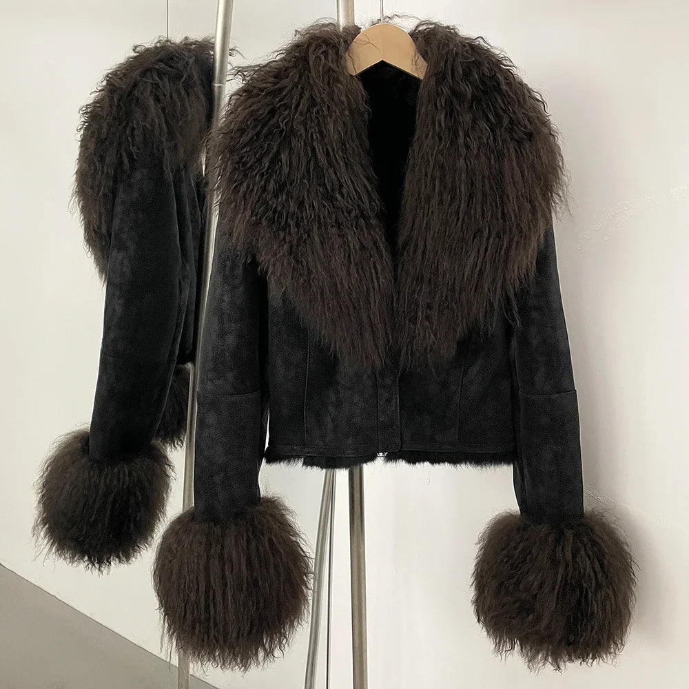 Real Mongolian Sheep Fur Coat 2025 Autumn Winter Suede Women with Long Sleeve New Arrival Winter Rabbit Fur Lining Fur Jacket