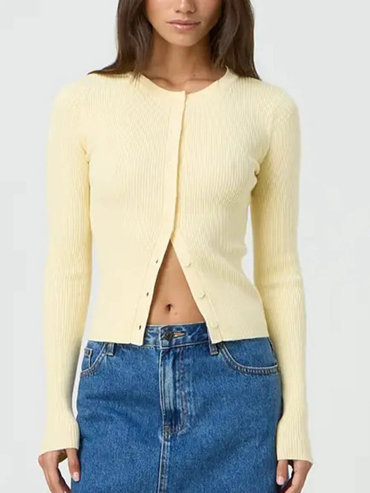 Women's Ribbed Cardigan Tops Spring Fall Solid Color Long Sleeve Round Neck Button Up Cropped Sweaters Female Casual Pullovers