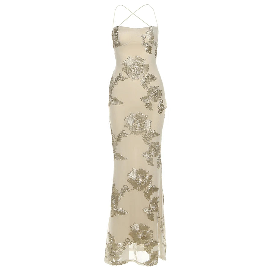 Weird Puss Flower Embroidery Maxi Dress Women Low-Neck Cross Bandage Backless Summer Street New Trend Skinny Elegant Vestidos