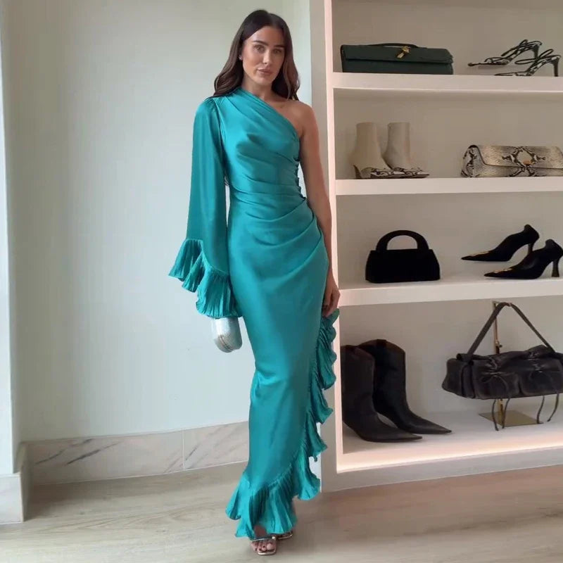 Blue Stain Evening Dresses for Women One Shoulder Long Sleeve Asymmetrical Ruffle Slim Long Dresses 2026 Spring New Party Gown