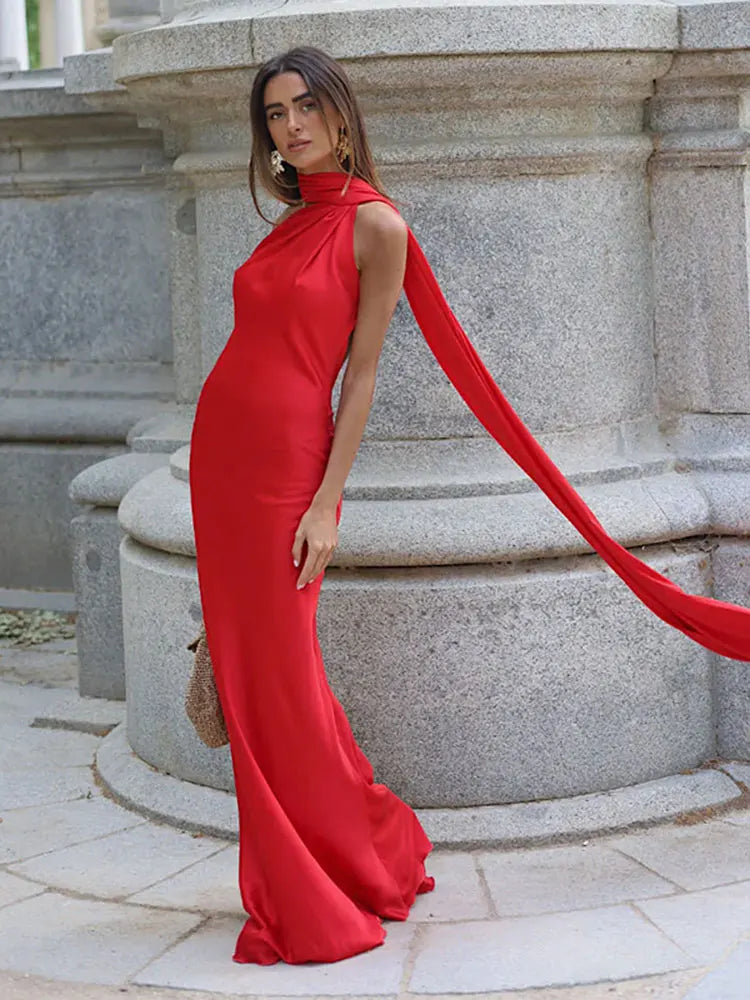 Satin Ribbon Halter Long Dresses Women's Backless Casual Maxi Dress Evening Wedding Guest White Blue Green Summer Graduation New