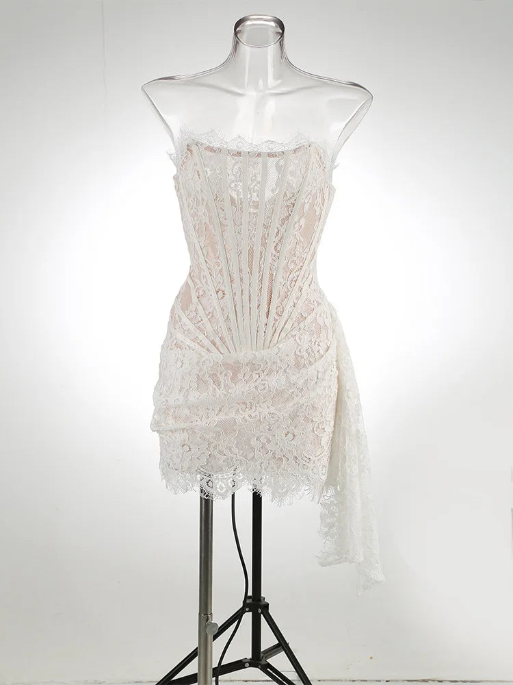 TARUXY Sexy Lace See-through Patchwork Corset Dress Female Bodycon Elegant Party MIrrgualr Mini Dress Women Tube Top Dress New
